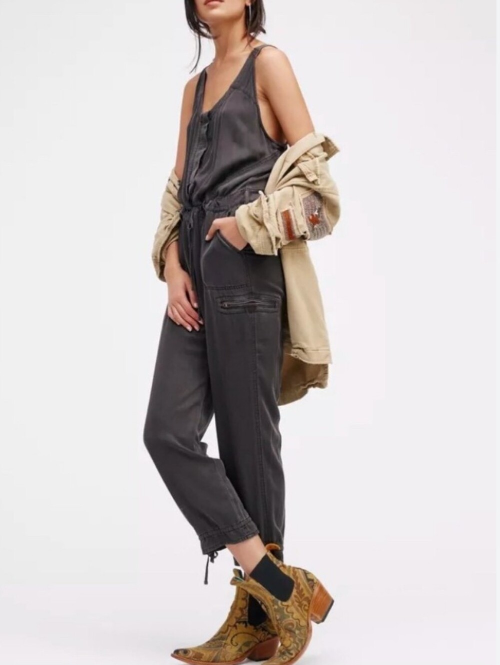 Free People Jumpsuit | Charcoal Drawstring Rayon Utility Jumpsuit